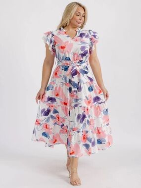 Soul of Curves Floral Midi Dress NWT Ruffle Sleeve Tie Waist Tiered Plus Size 1X